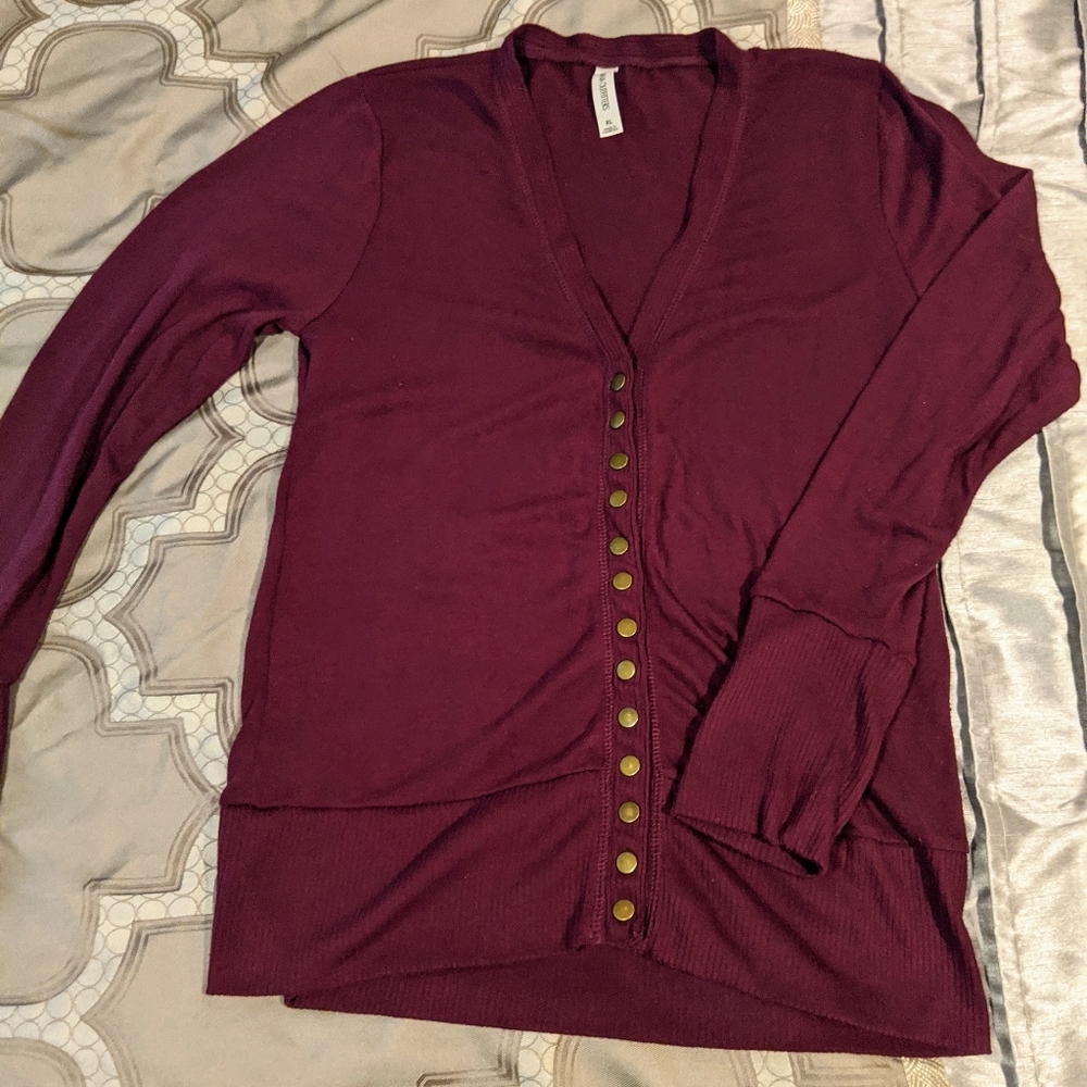 Plum Jenny Boston cardigan with metallic buttons.
